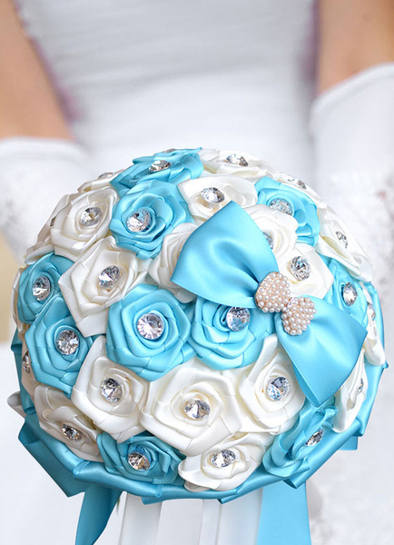 

Wedding Flowers Bouquet Satin Pearls Rhinestones Beaded Ribbons Hand Tied Bridal Bouquet In Baby Blu, Baby blue