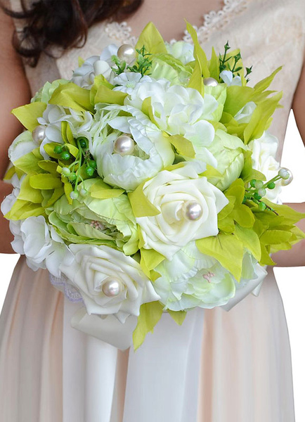 

Wedding Flowers Bouquet Green Lace Pearls Ribbons Hand Tied Silk Bridal Flowers, Yellow green