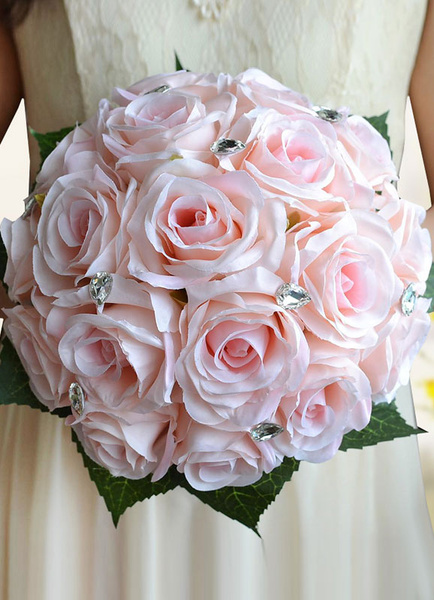 

Wedding Flowers Bouquet Light Pink Rhinestones Beaded Ribbons Bow Hand Tied Silk Flowers Bridal Bouq