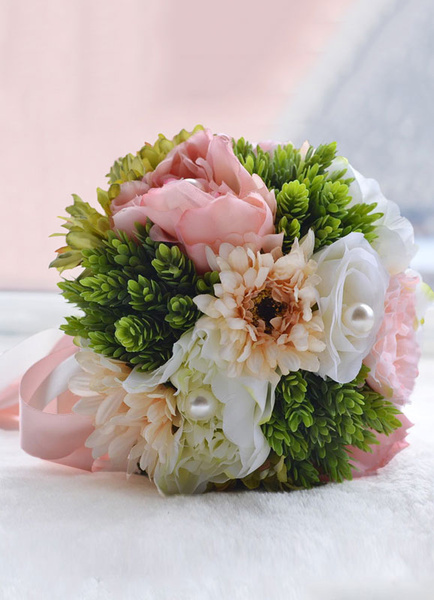 

Wedding Flowers Bouquet Pink Pearls Ribbons Bow Hand Tied Silk Flowers Bridal Bouquet