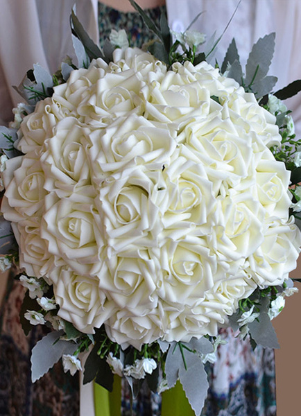 

Wedding Flowers Bouquet White Ribbons Hand Tied Silk Flowers Bridal Bouquet, Ivory