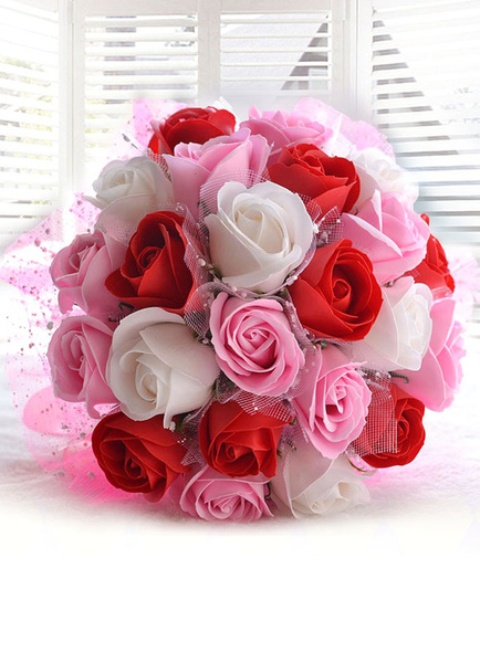 

Wedding Flowers Bouquet Pink Ribbons Bow Hand Tied Silk Flowers Bridal Bouquet