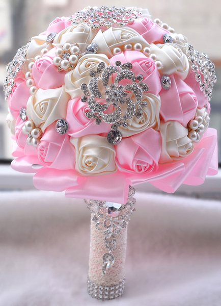 

Wedding Flowers Bouquet Pink Rhinestones Pearls Beaded Ribbons Hand Tied Bridal Bouquet, Orange;white;purple;grey;ivory;pink