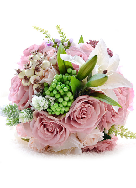 

Wedding Flower Bouquet Pink Ribbons Bow Hand Tied Silk Flowers Bridal Bouquet