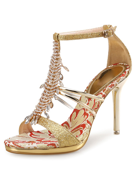 

Glitter Dress Sandals High Heel Women's Gold Rhinestones Beaded T Type Bandage Ankle Strap Sandal Sh, Blond;silver