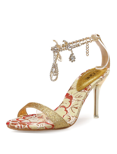 

Gold Dress Sandals Glitter Rhinestones Beaded Ankle Strap High Heel Sandal Shoes, Blond;pink