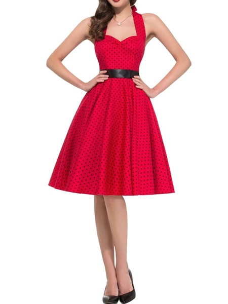 

Red Vintage Dress Halter Polka Dot Printed Women' Sweetheart Pleated Retro Dress, Ture red