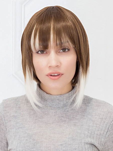 

Women's Hair Wigs Brown Short Straight Bobs Synthetic Wigs With Bangs, Coffee brown
