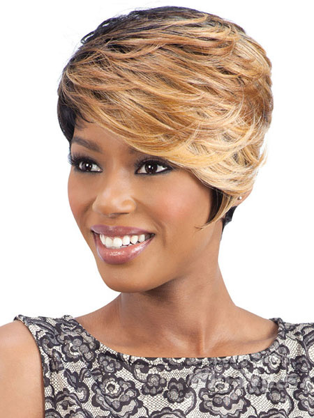 

Tan Hair Wigs Short Tousled Synthetic Wigs With Side Bangs