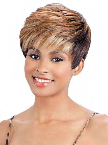 

Short Hair Wigs Light Apricot Tousled Side Swept Bangs Synthetic Wigs