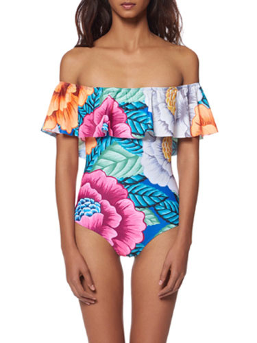 

One Piece Swimsuit Floral Printed Ruffle Off The Shoulder Short Sleeve Beach Swimwear, Blue