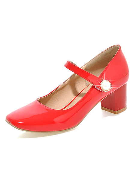 

Red Mary Jane Shoes Square Toe Rhinestones Decor Chunky Heel Pumps, Black;white;red;apricot