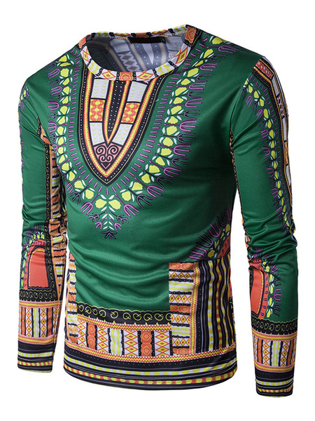 

Men's Ethnic T Shirt Fake 2 Piece Round Neck Long Sleeve 3D Printed Green Top, Burgundy;green;yellow;purple