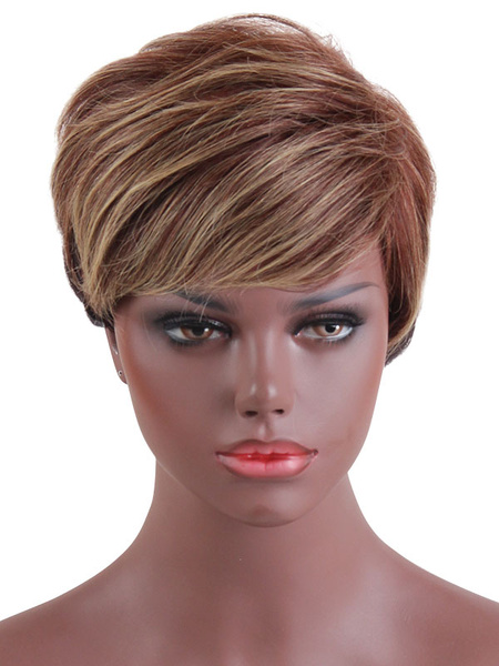 

Human Hair Wigs Short Straight Women's Side Parting Tan Hair Wigs, Deep brown