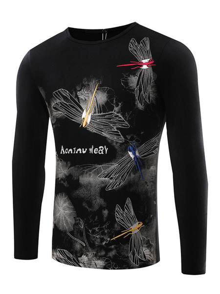 

Black Men's T Shirt Round Neck Long Sleeve Dragonfly Printed Regular Fit Cotton T Shirt, Black;burgundy;white