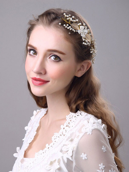 

Pearls Wedding Headpieces White Beaded Leaf Hairband Bridal Hair Accessories