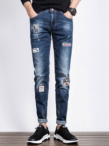 

Blue Denim Jeans Men's Patched Distressed Casual Straight Leg Pants