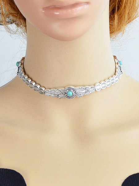 

Silver Choker Necklace Women's Jeweled Decor Metallic Embossed Chic Necklace