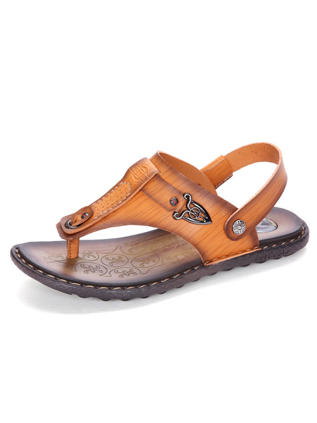 

Men's Cowhide Sandals Light Tan Toe Post Slingback Anchor Metallic Pattern Flat Sandal Shoes, Coffee brown;yellow;deep blue