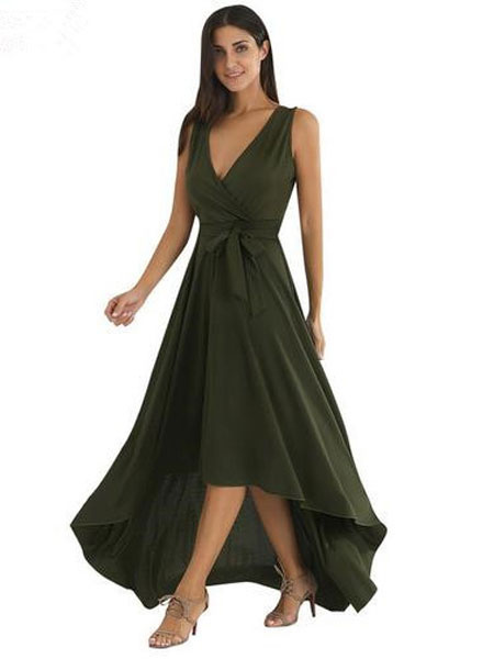 

Green Maxi Dress Women' V Neck Sash High Low Sleeveless Long Dress, Hunter green