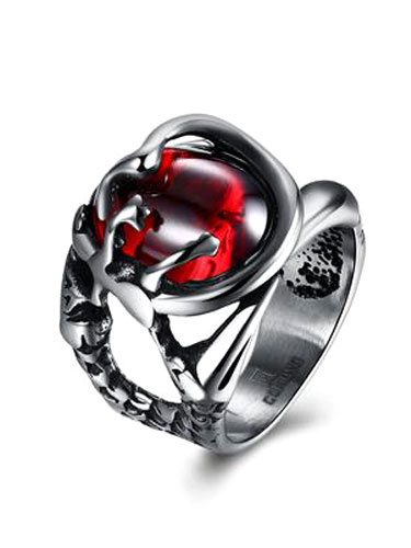 

Men's Silver Ring Stainless Steel Ruby Jeweled Cut Out Chic Ring