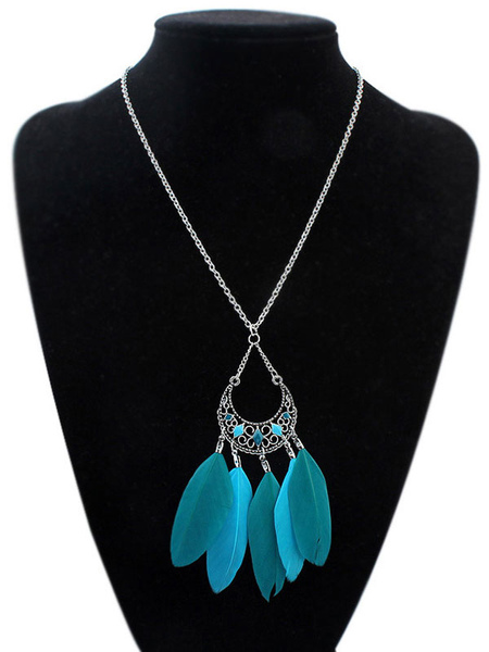 

Boho Pendant Necklace Women's Blue Feathers Detail Necklace, Deep blue;blue;coffee brown;black;rose