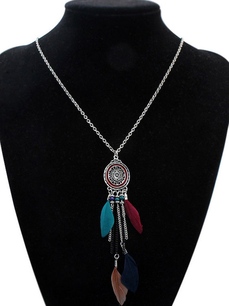 

Boho Pendant Necklace Women's Feathers Detail Long Necklace With Fringe, Deep blue;blue;coffee brown;black