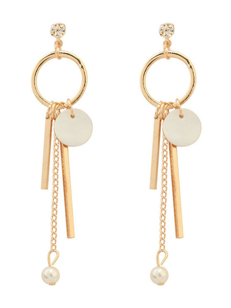 

Golden Dangle Earrings Women's Geometric Pearls Chain Fringes Chic Pierced Earrings, Blond
