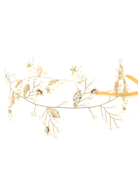 

Luxury Wedding Headbands Gold Tone Crystal Pearl Hair Vine Leaf Bridal Headbands, Blond