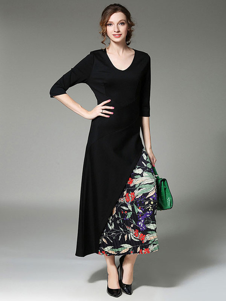 

Black Long Dress Ethnic Style Printeed V Neck 3/4 Length Sleeve Irregular Patchwork Pleated Mid Calf