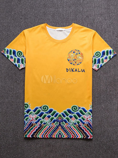 

Men's T Shirt Yellow Round Neck Short Sleeve Chinese Dragon Printed Casual Top