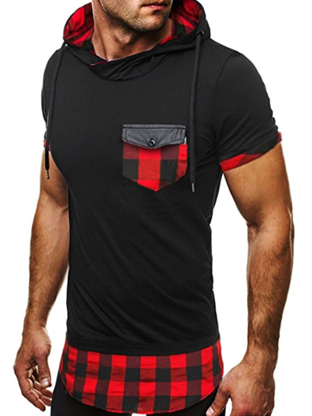 

Men's T Shirt Two Tone Hooded Short Sleeve Drawstring Regular Fit Cotton Top