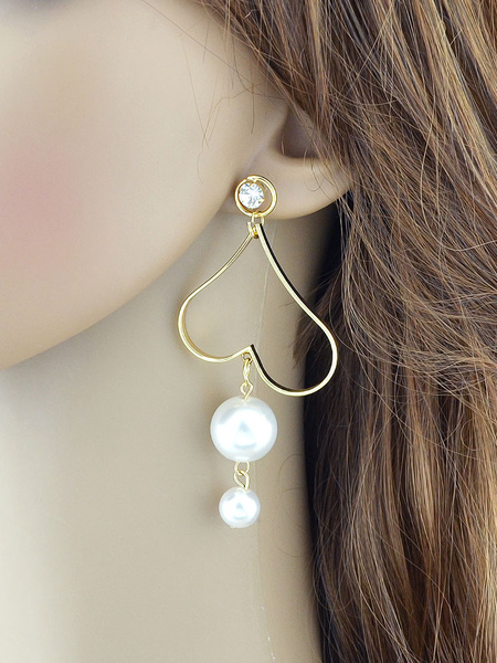 

Gold Drop Earring Chic Pearls Detail Heart Shape Pierced Dangle Earrings