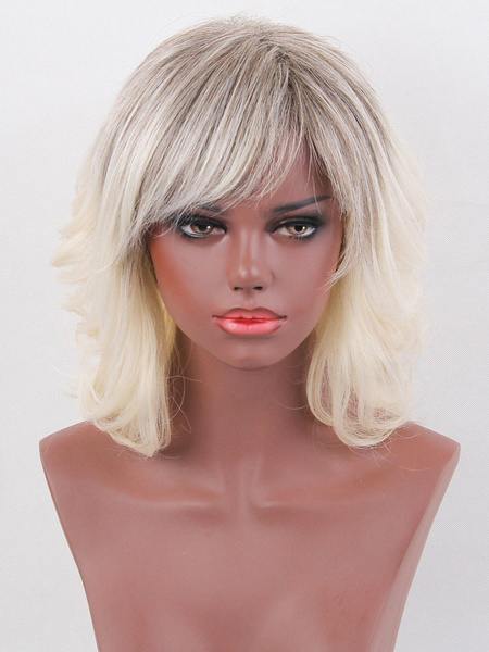 

Human Hair Wigs Short Curly Women's Side Swept Bangs Light Apricot Wigs