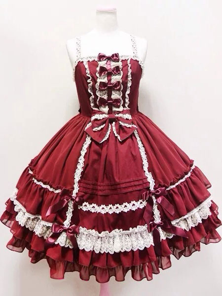 Image of Rococo Lolita Vestito JSK Lace Trim Ruffles pieghettato Bow Lolita Skirt Jumper