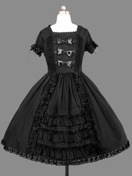Image of Lolita abito maniche corte gotico cotone monocolore con fiocchi