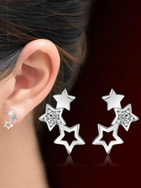 

Women's Silver Earrings Triple Star Cubic Zirconia Stud Earrings