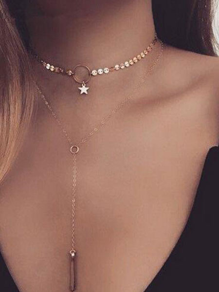 

Gold Choker Necklace Sequins Multirow Star Deco Y Necklaces For Women