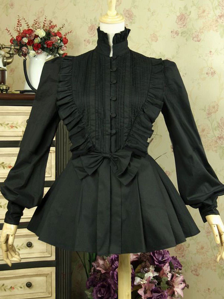 Image of Camicetta Lolita nera gotica monocolore pieghettature maniche lunghe con colletto alla coreana