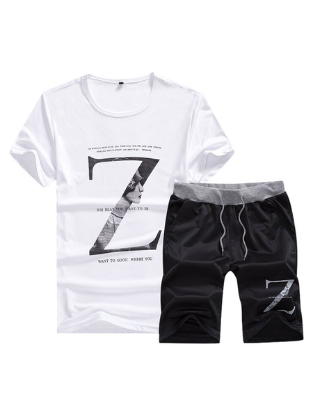 

2 Piece Outfit Men's White Round Neck Short Sleeve Letters Print T Shirt With Black Shorts