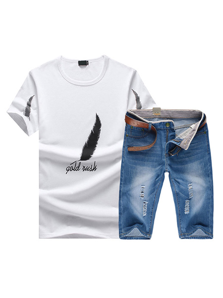 

2 Piece Outfit Men's White Round Neck Short Sleeve Leaf Print T Shirt With Denim Shorts
