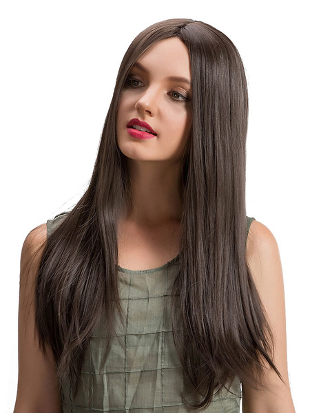 

Women Synthetic Wig Deep Brown Central Parting Layered Women Long Straight Wig
