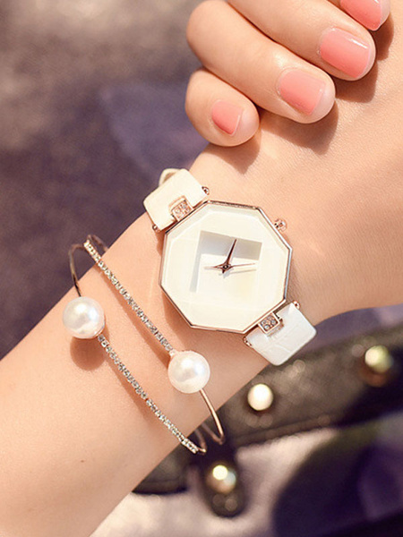 

White Fashion Watches Rhinestones Geometric Dial Leather Band Women's Quartz Analog Wrist Watch