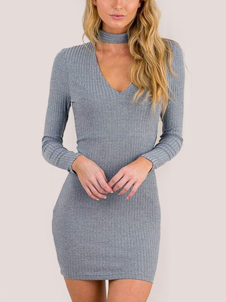 

Women Bodycon Dress Grey Long Sleeve Cut Out Mini Dress