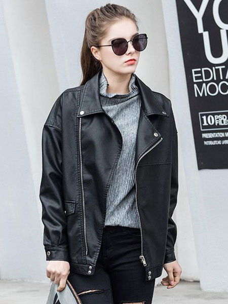 

Black Biker Jacket Faux Leather Women' Turndown Collar Long Sleeve Boyfriend Moto Jacket