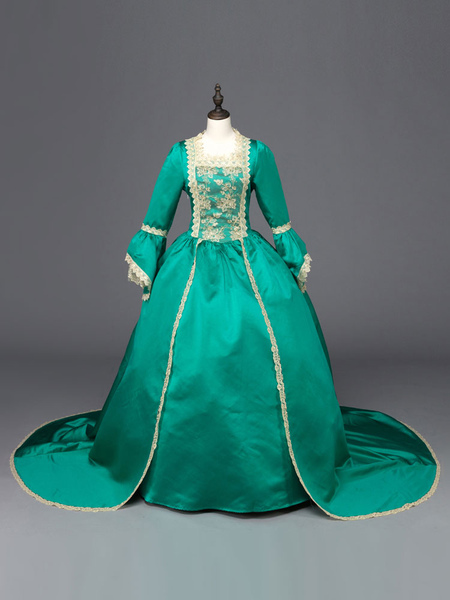 Image of Costumi Retro per Donne verdi in raso europei maniche lunghe