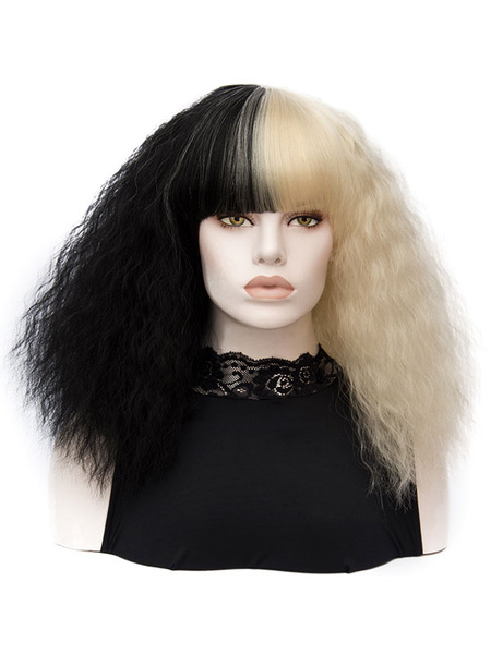 

Carnival Hair Wigs Crimp Curls Two Tone Shoulder Length Tousled Synthetic Wigs With Bangs