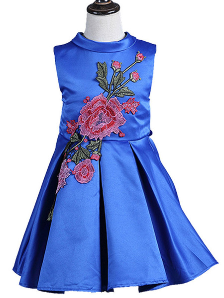 

Flower Girl Dresses Pleated Embroidered Kids Pageant Dress Royal Blue Ribbon Sash Short Social Party