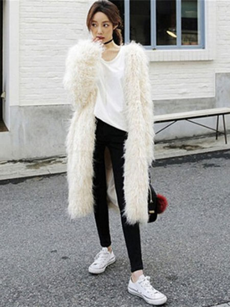 

Milanoo Women Faux Fur Coat Long Sleeve Oversized Long White Overcoat