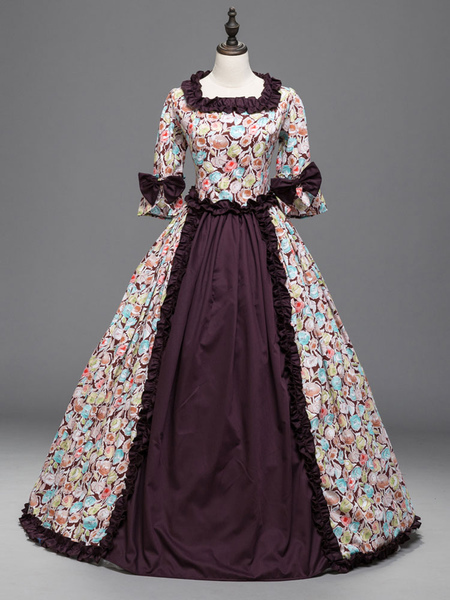Image of Carnevale Costume Vintage Rococo per donna annata increspa il vestito da partito lungo della stampa floreale di stile del paese medioevale Carnevale